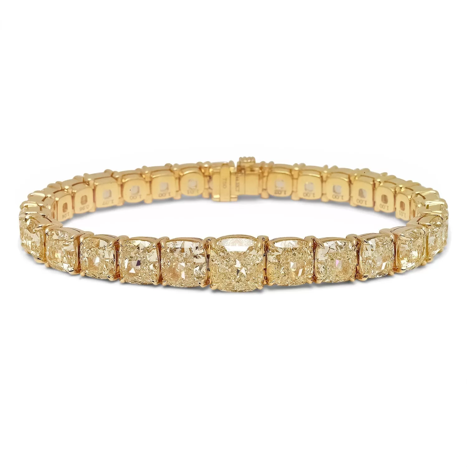 O2 44 Carat Fancy Yellow Cushion Cut Inline Diamond Tennis Bracelet in 14K Yellow Gold By Mike Nekta NYC