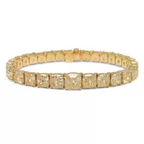 O2 44 Carat Fancy Yellow Cushion Cut Inline Diamond Tennis Bracelet in 14K Yellow Gold By Mike Nekta NYC