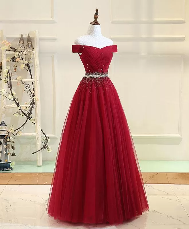 Off The Shoulder Red Prom Dress Cheap A Line Tulle Prom Dress #ER400