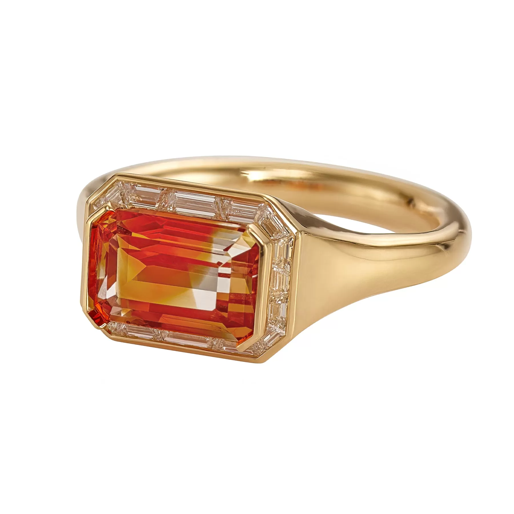 OOAK Orange Parti Sapphire & Trapeze Diamond Ring