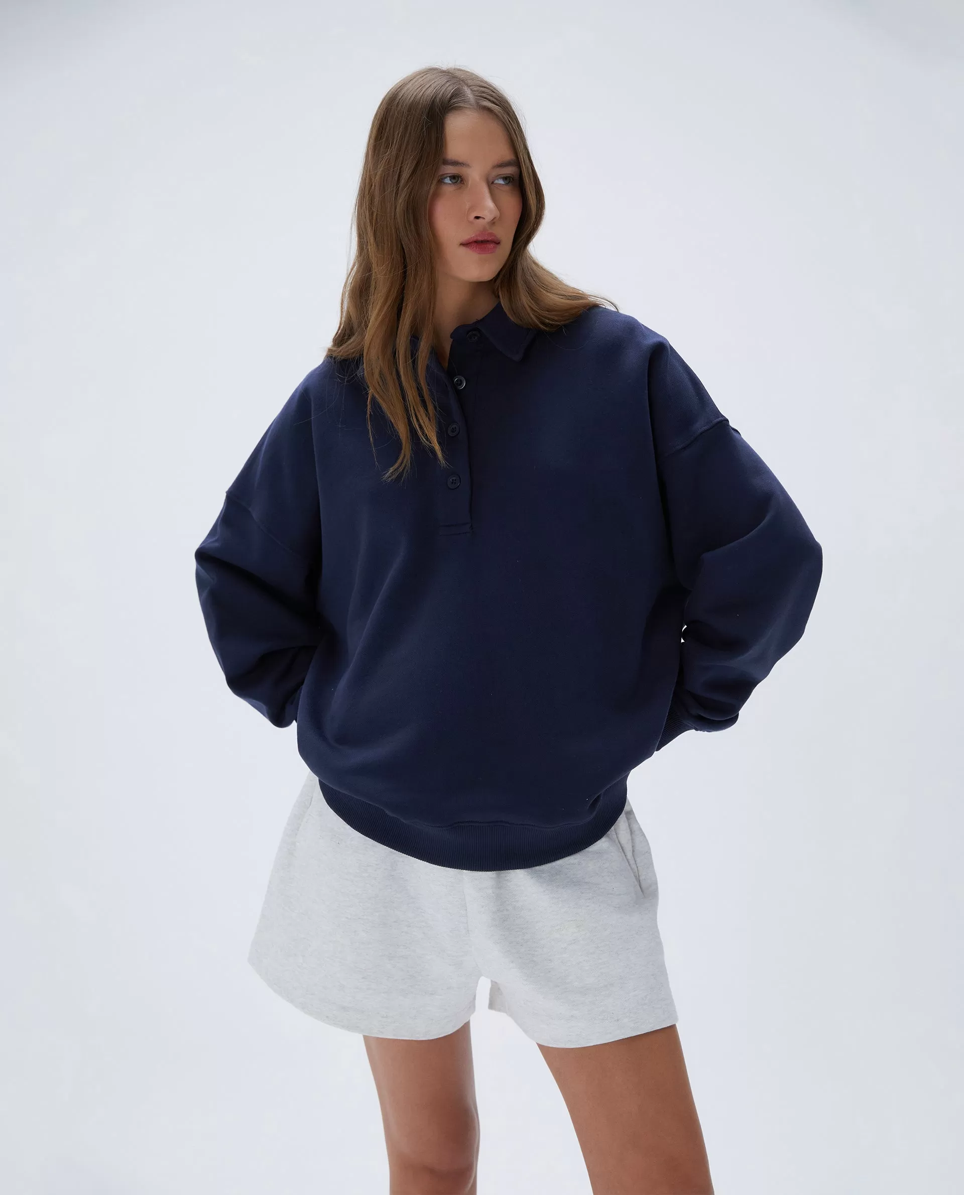 Oversized Button Up Sweatshirt - Navy Blue