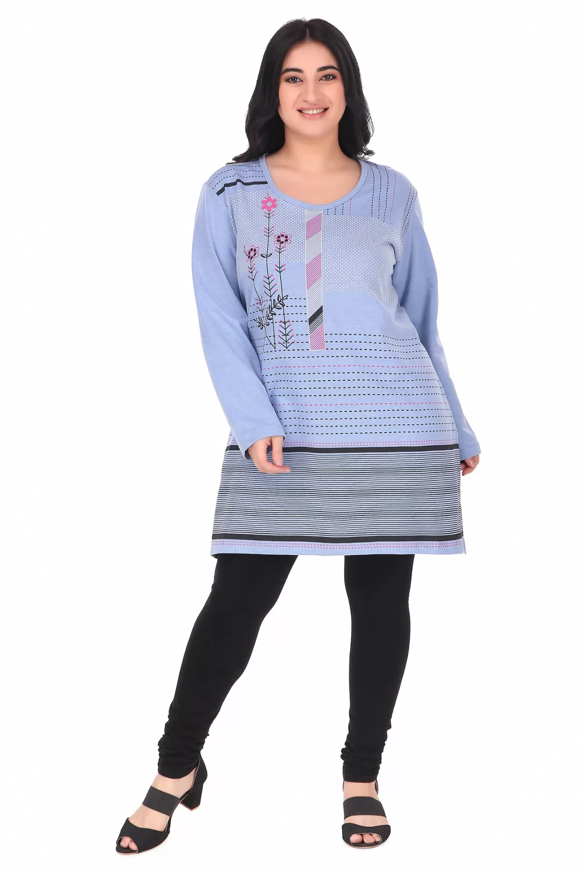 Plus Size Printed Long Tops For Women Full Sleeves T-shirts - Sky Blue