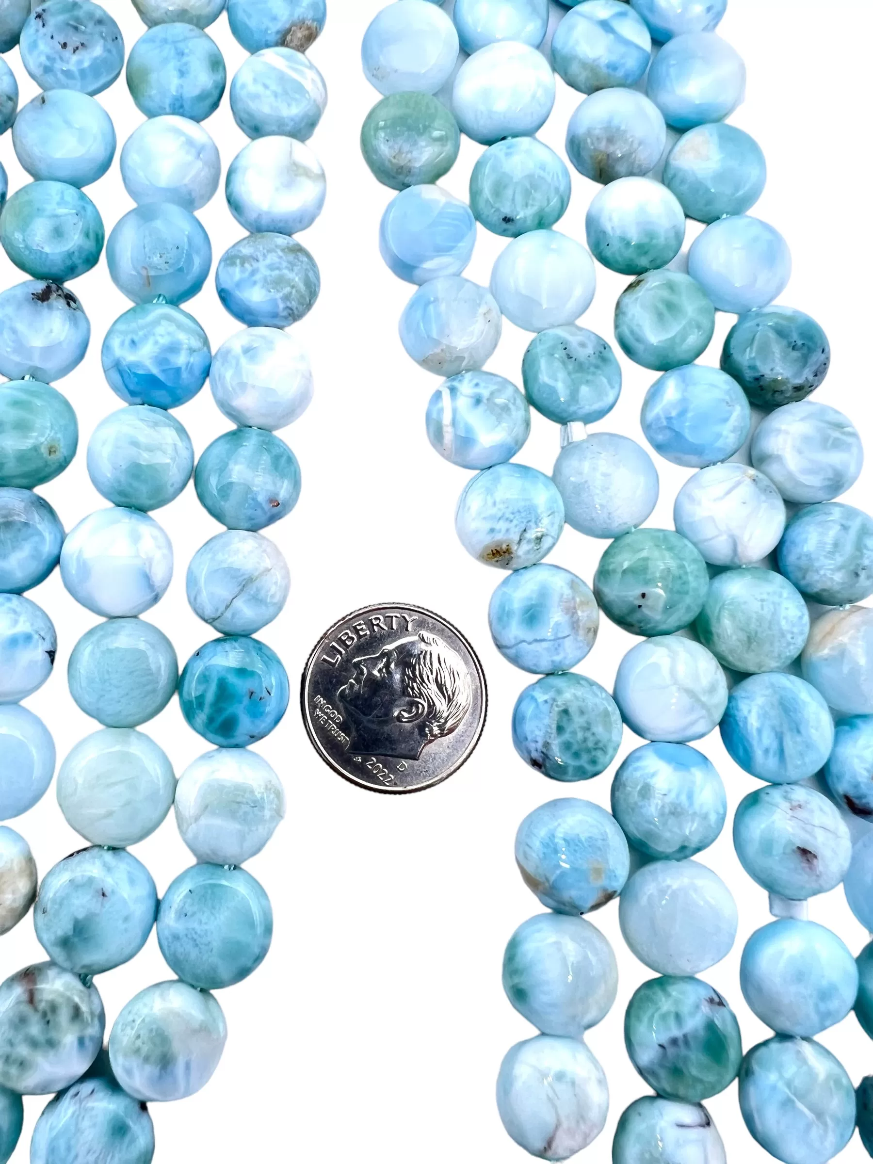 RARE Larimar 10mm Coin Beads , 8 inch strand