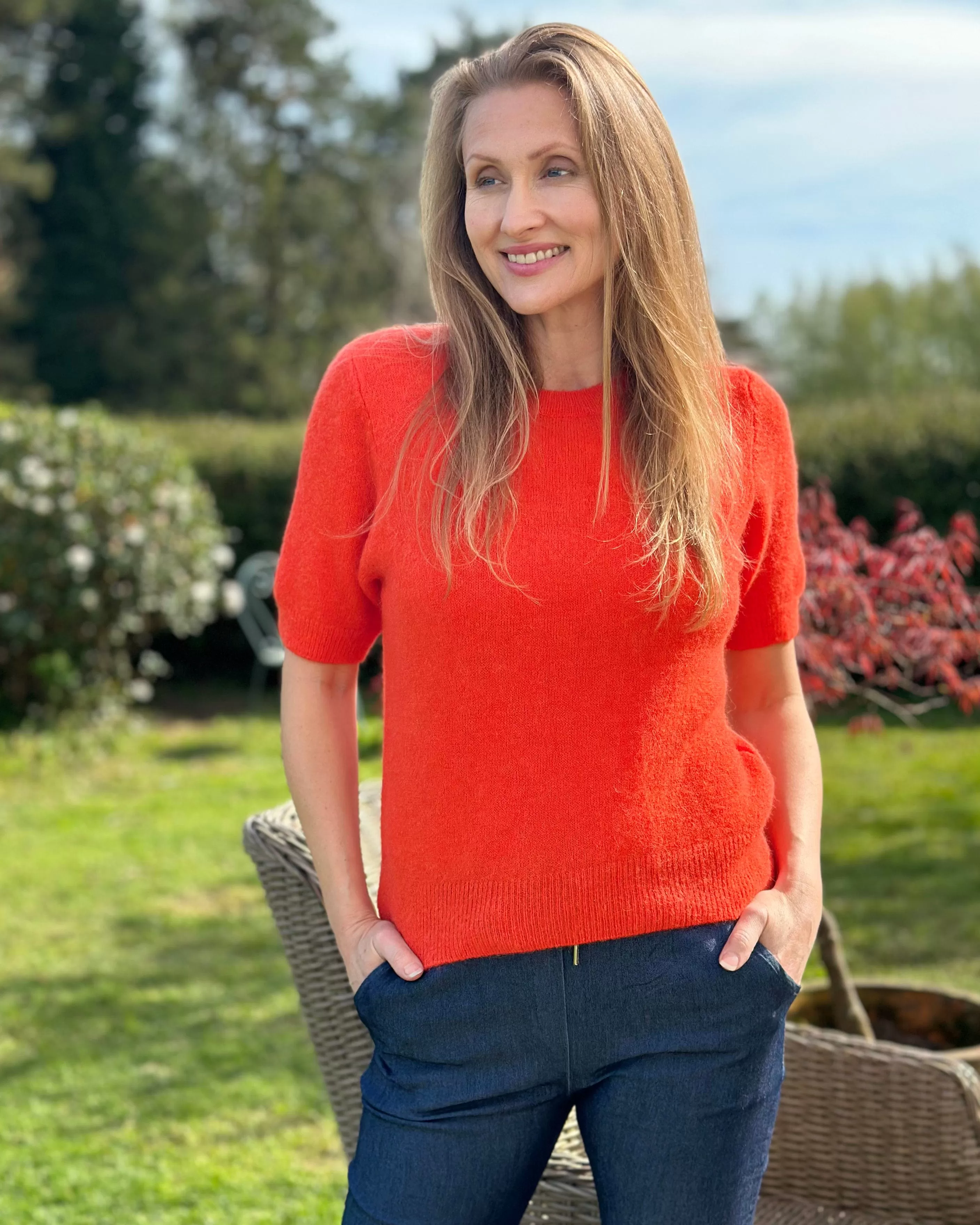 Round Neck Short Sleeve Jumper - Bright Orange