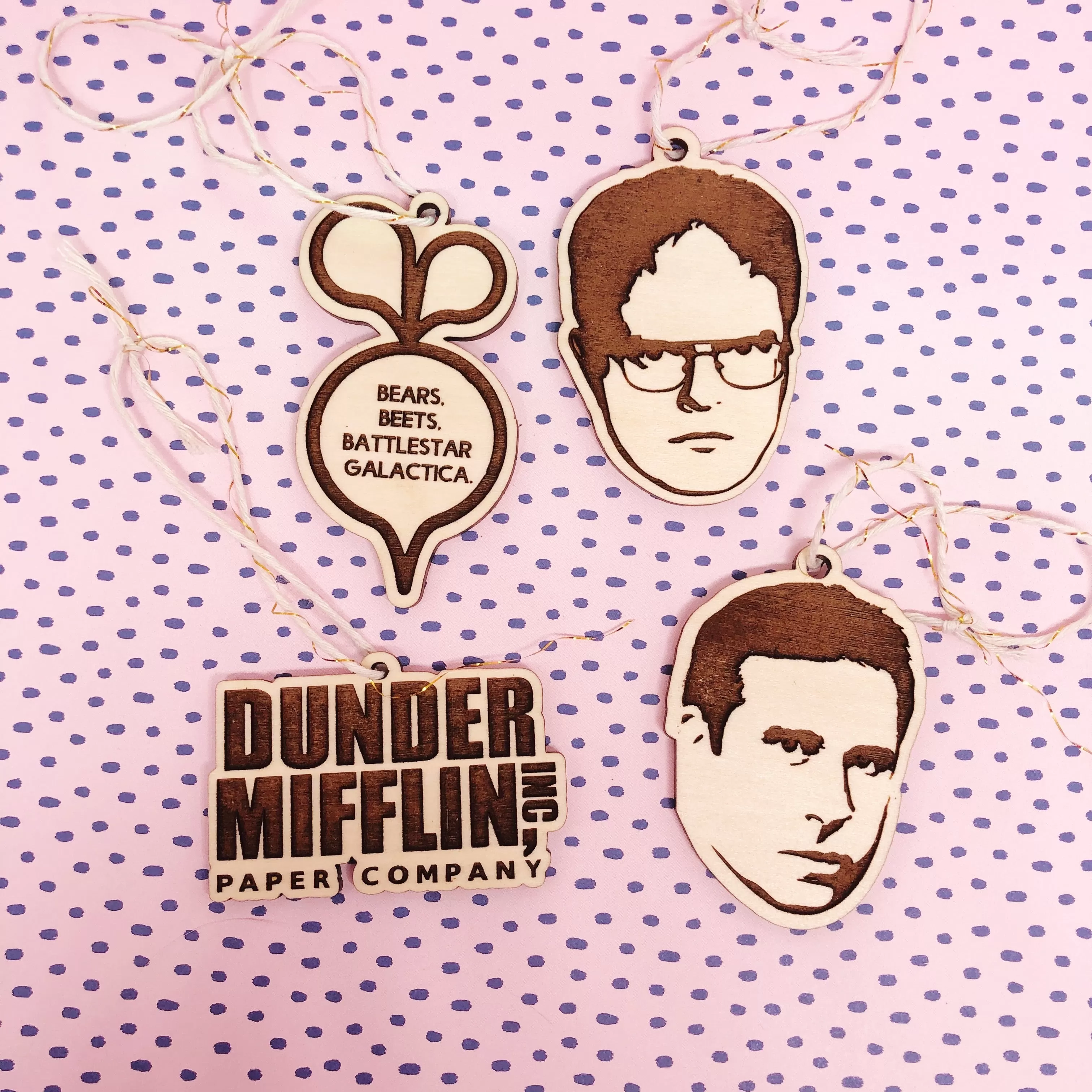 Set of 4 The Office Ornament Michael Scott Dunder Mifflin Dwight Schrute Bears Beets Battlestar Galactica