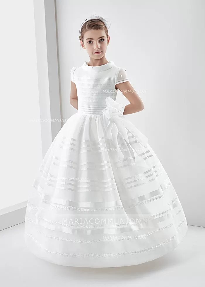 Short Sleeve Ball Gown Organza Long First Communion Dress With Beading