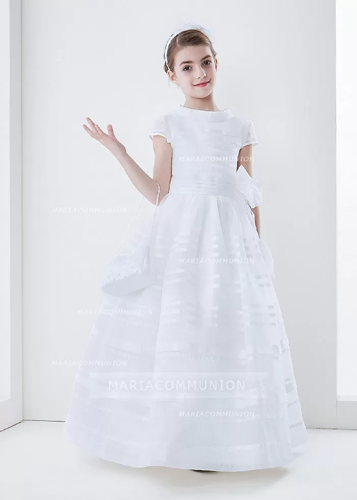 Short Sleeve Ball Gown Organza Long First Communion Dress With Beading