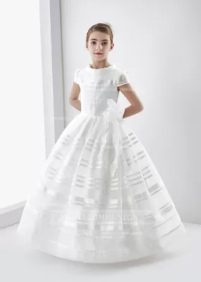 Short Sleeve Ball Gown Organza Long First Communion Dress With Beading