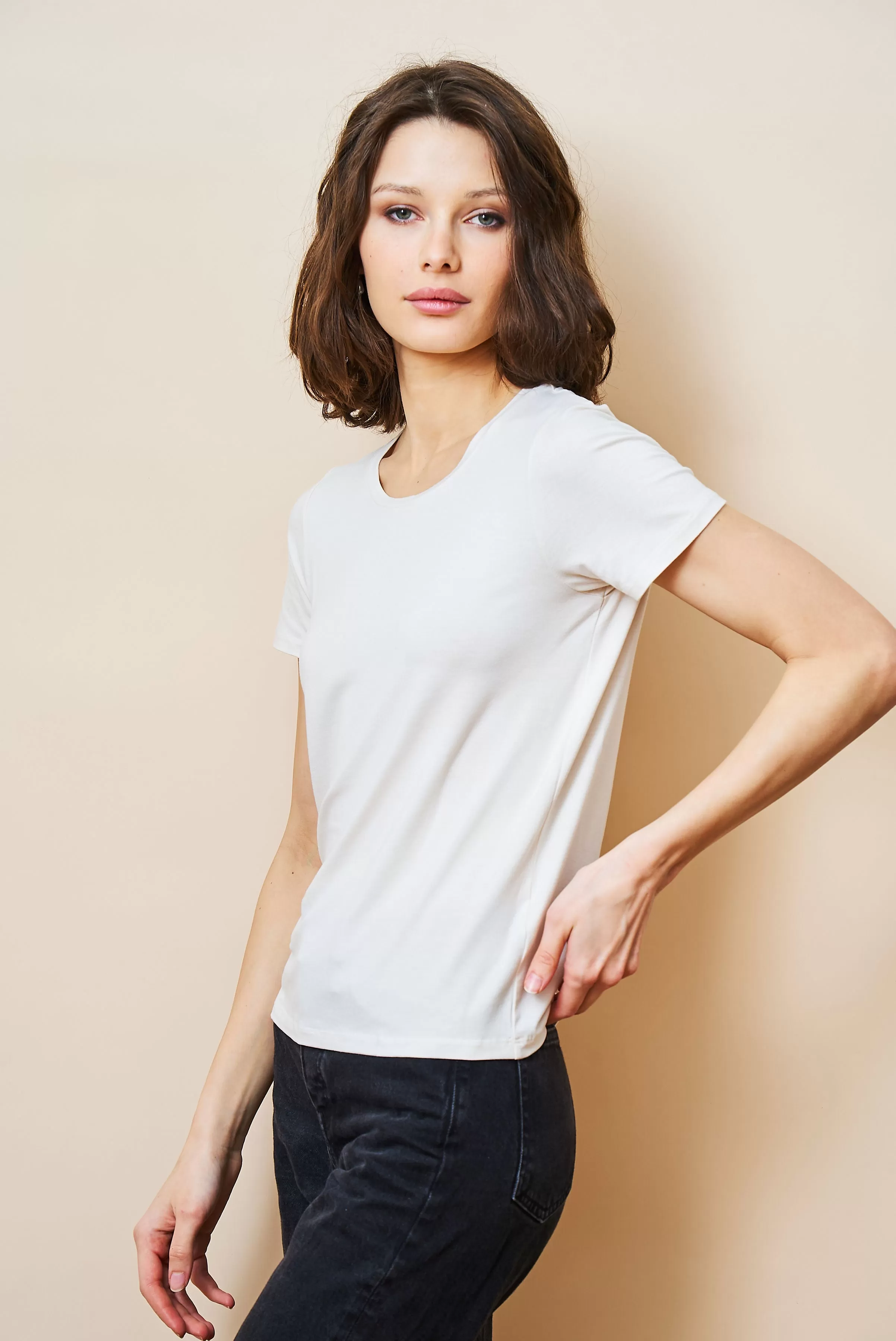 Soft Touch Short Sleeve Semi Relaxed Crewneck in Cream