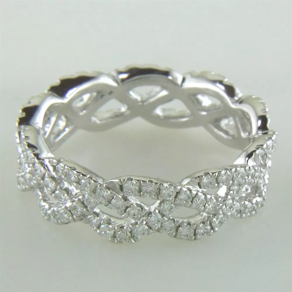 Three Row Woven Crossover Diamond Eternity Wedding Band Ring 14K White Gold