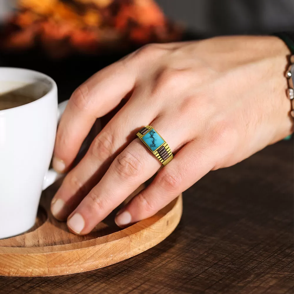 Turquoise Jewelry Man Statement Solid Fine 14k Yellow Gold Men's Heavy Wide Ring